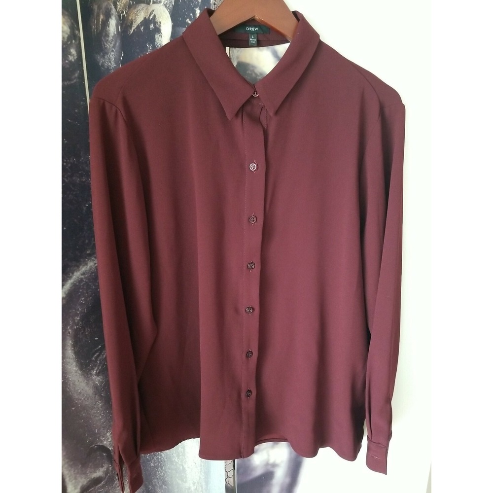 DREW Women's Wine Collared Button Long Sleeve Rear Keyhole Blouse Size L YJ01
